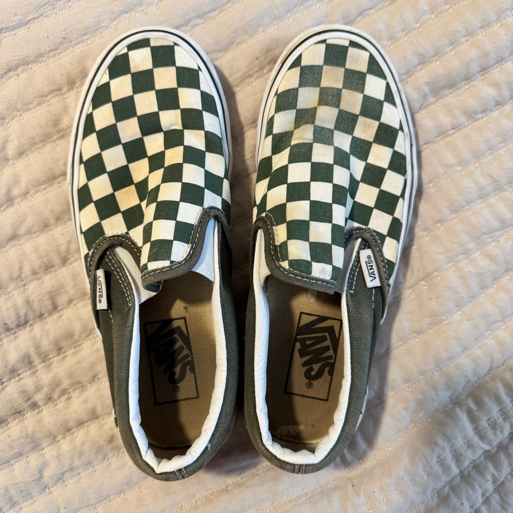 Green and white checker slip on vans, women’s size 6.5